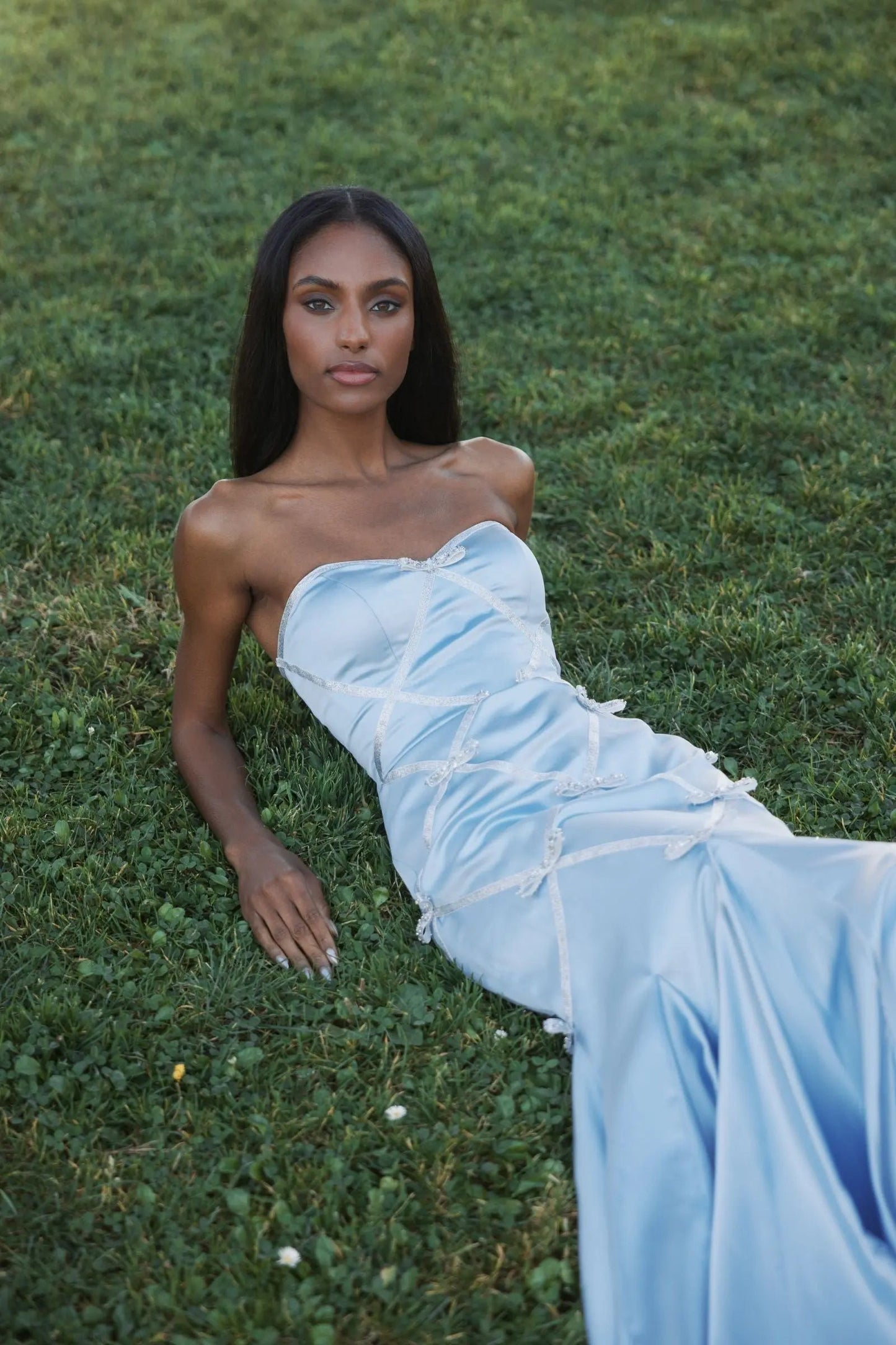 Blue Strapless Satin Trumpet Gown With Bow Details