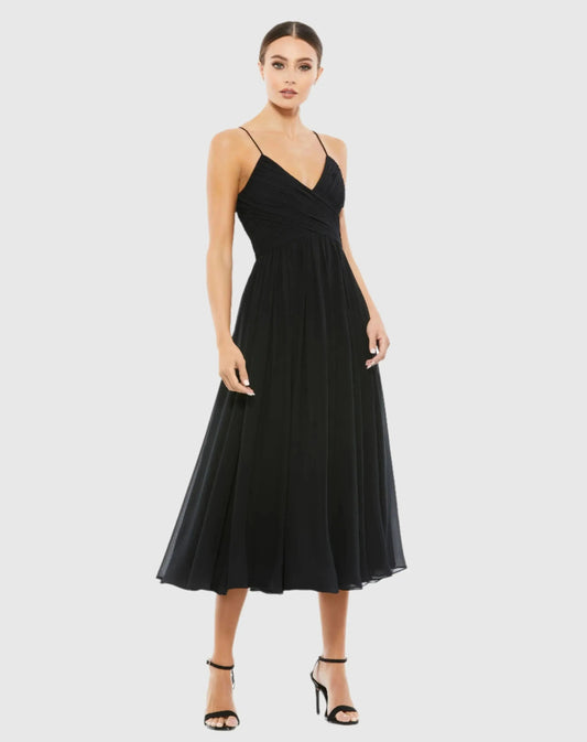 Black Faux Wrap Sleeveless Flowy Midi Dress