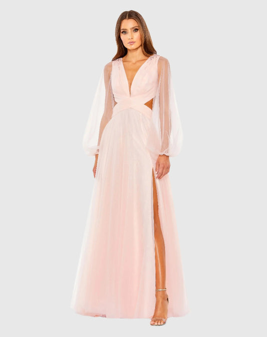 Pink Tulle Sheer Long Sleeve Cut Out Lace Up A Line Gown