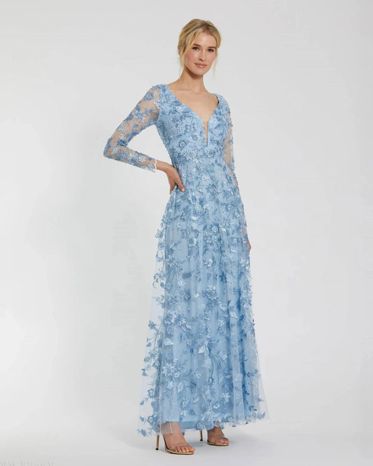 Blue Floral Applique Long Sleeve Illusion Gown
