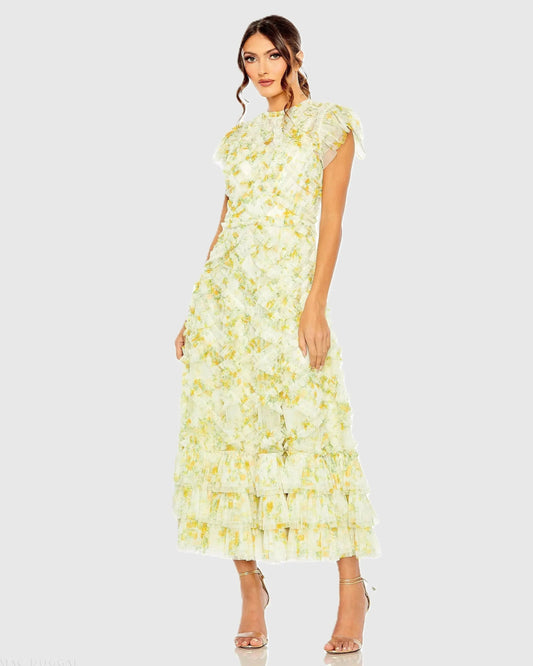 Yellow High Neck Ruffle Cap Sleeve Floral Dress
