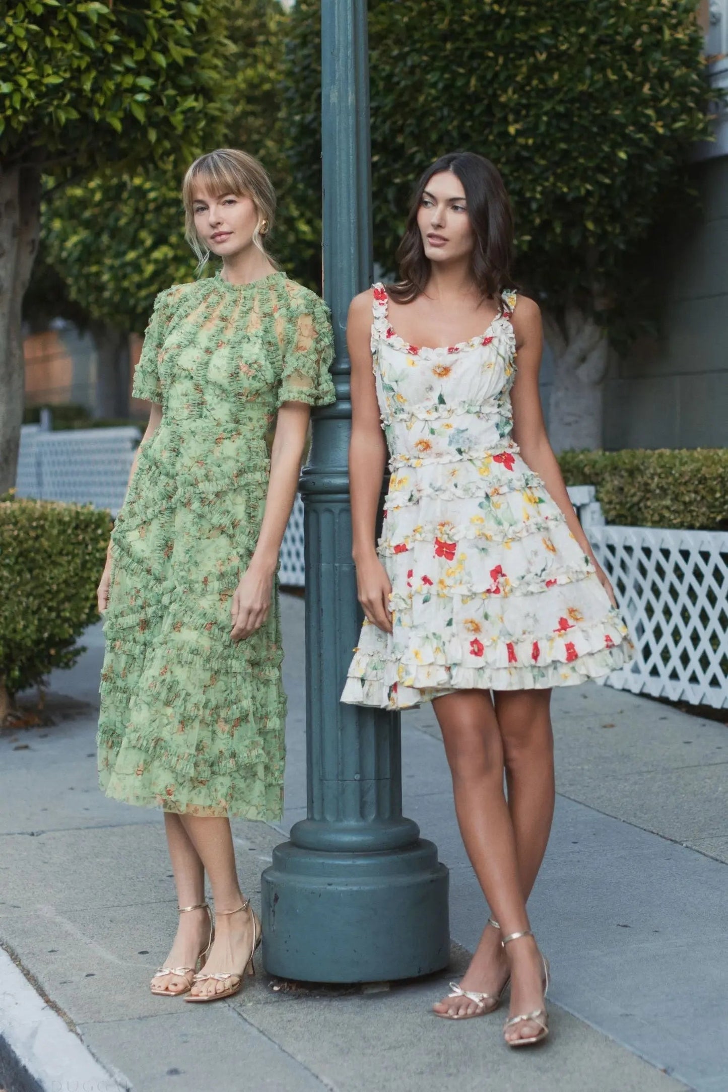 Green Floral Midi Dress with Ruffle Detailing