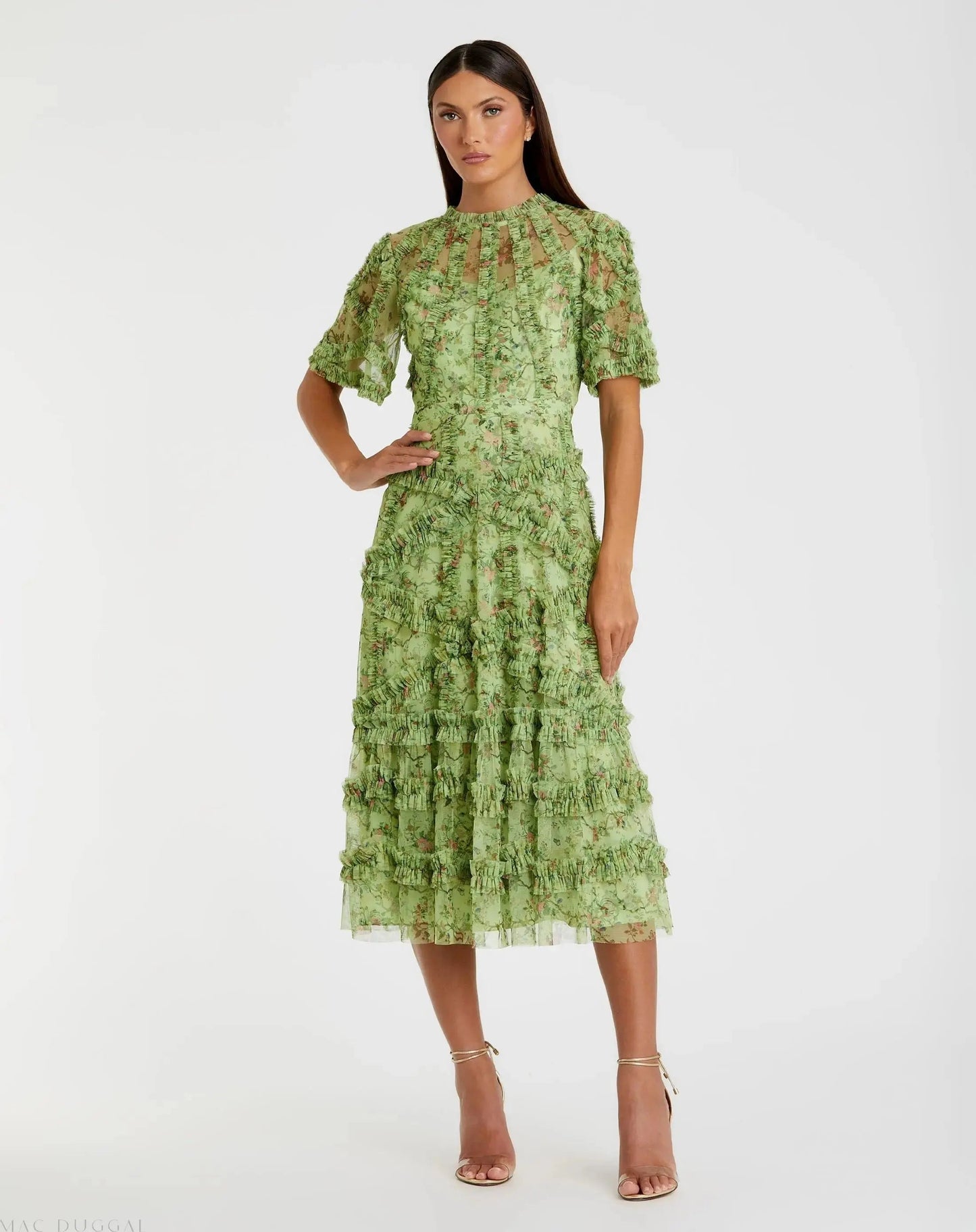 Green Floral Midi Dress with Ruffle Detailing