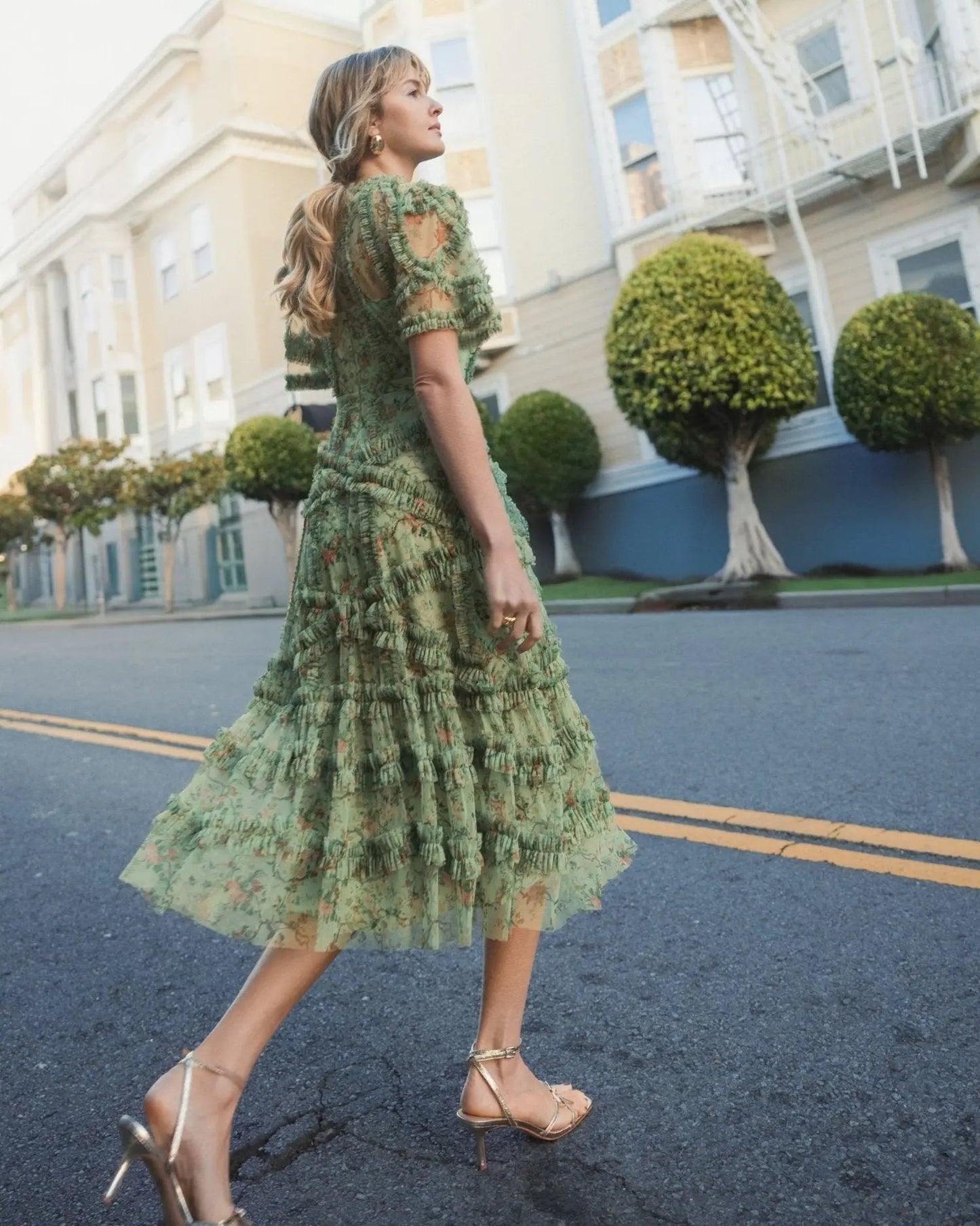 Green Floral Midi Dress with Ruffle Detailing