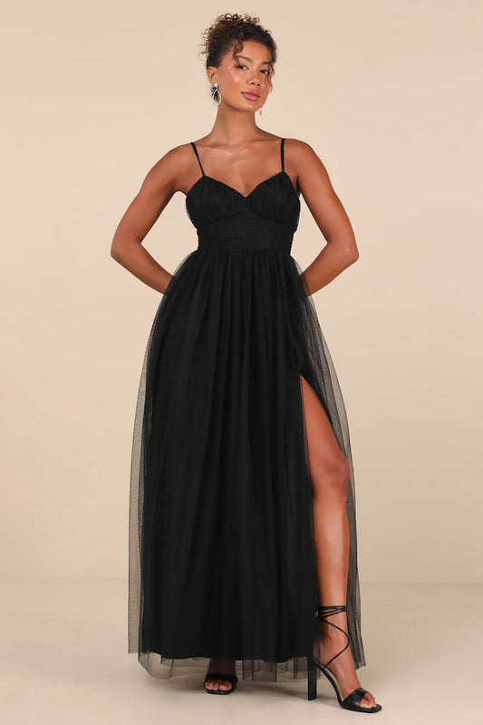 Convincingly Graceful Black Tulle Sleeveless Maxi Dress
