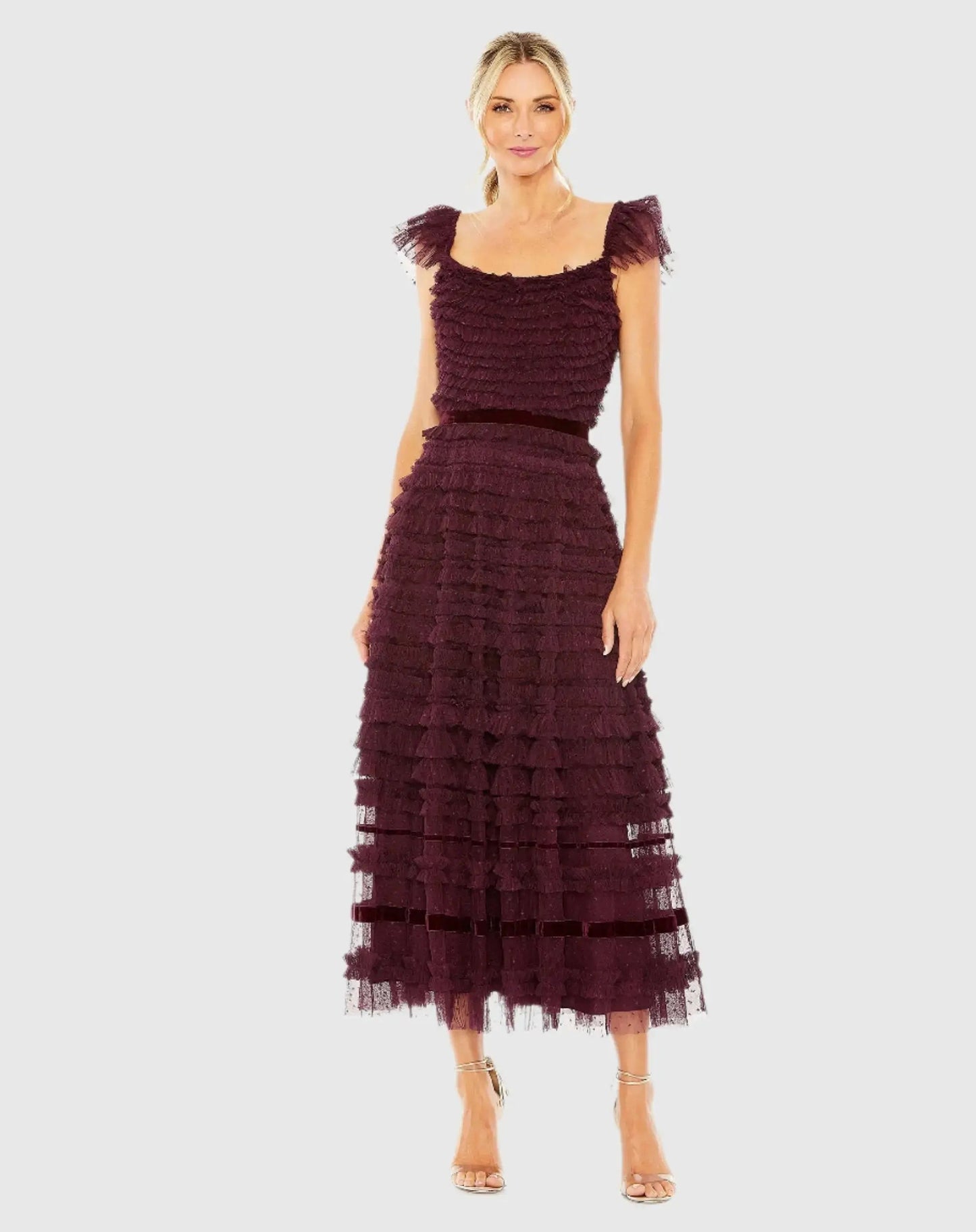 Purple Ruffle Cap Sleeve Tiered Midi Dress