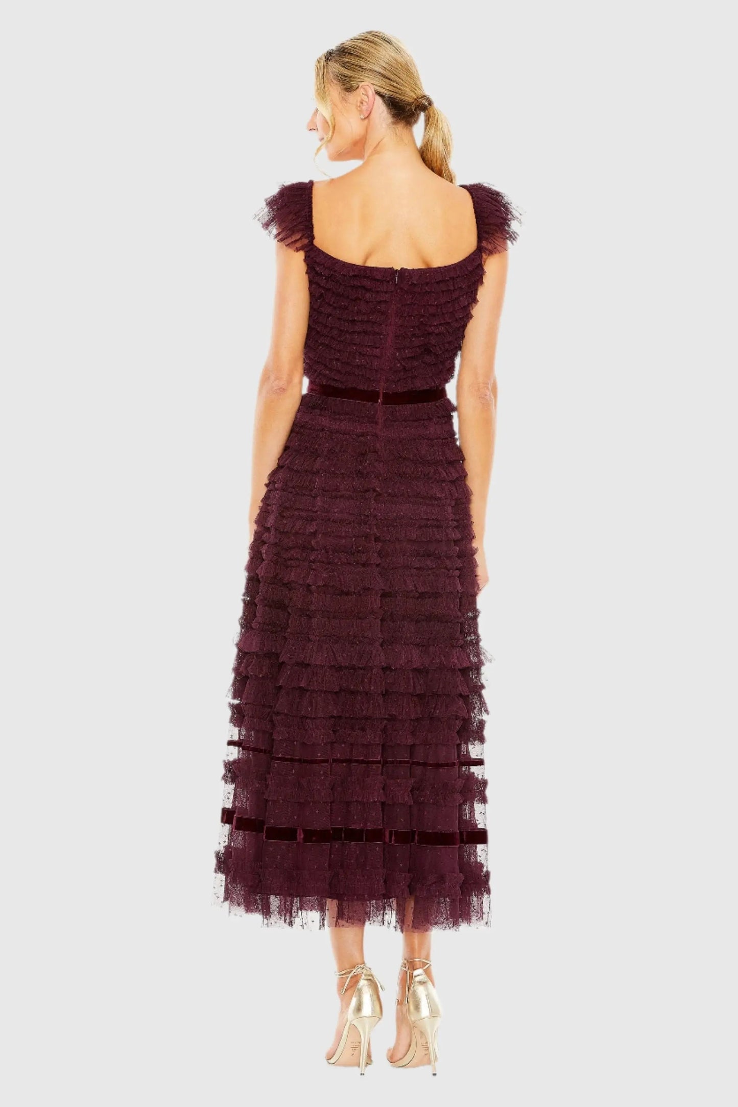 Purple Ruffle Cap Sleeve Tiered Midi Dress