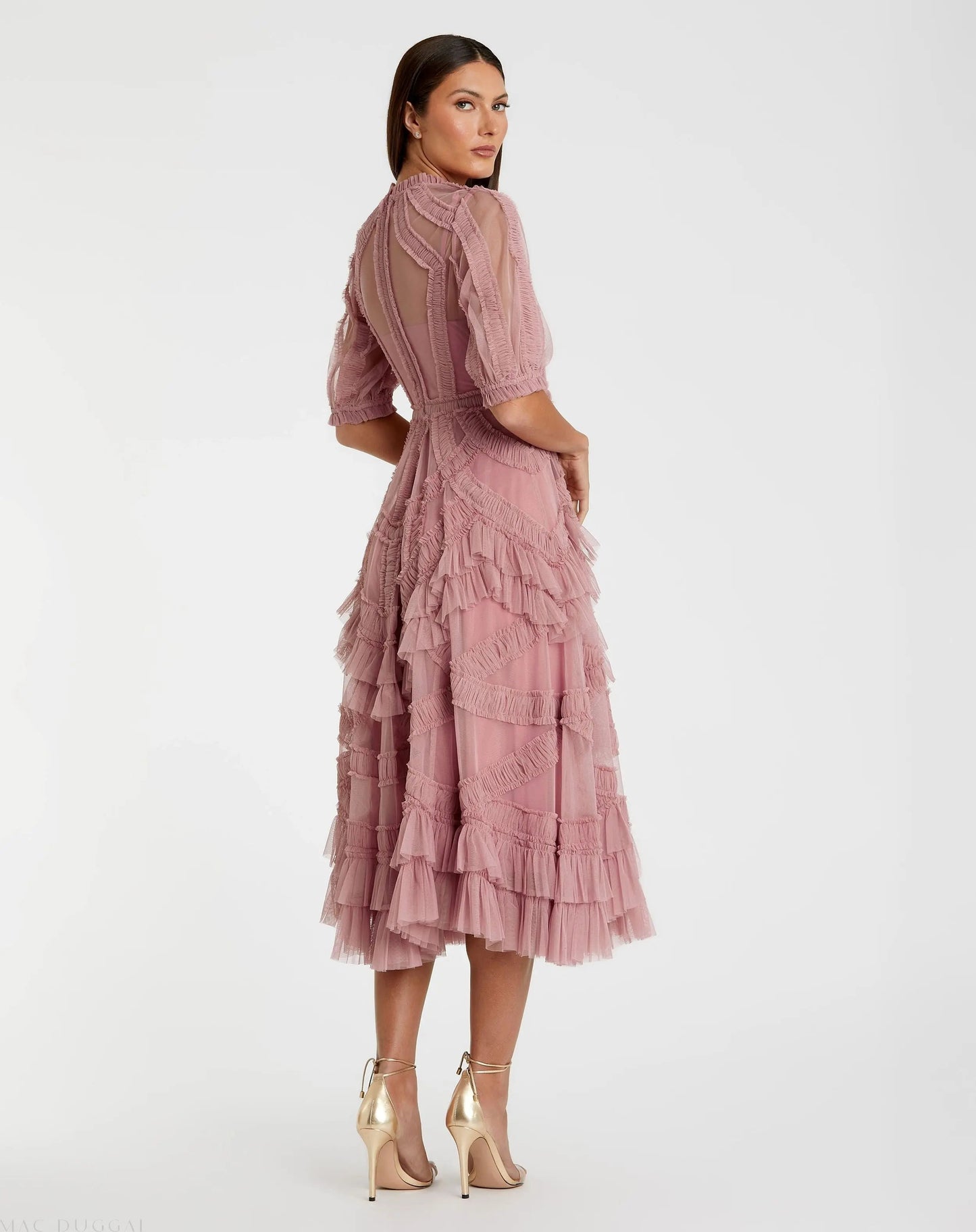 Pink High Neck Ruffle Tiered A-Line Midi Dress