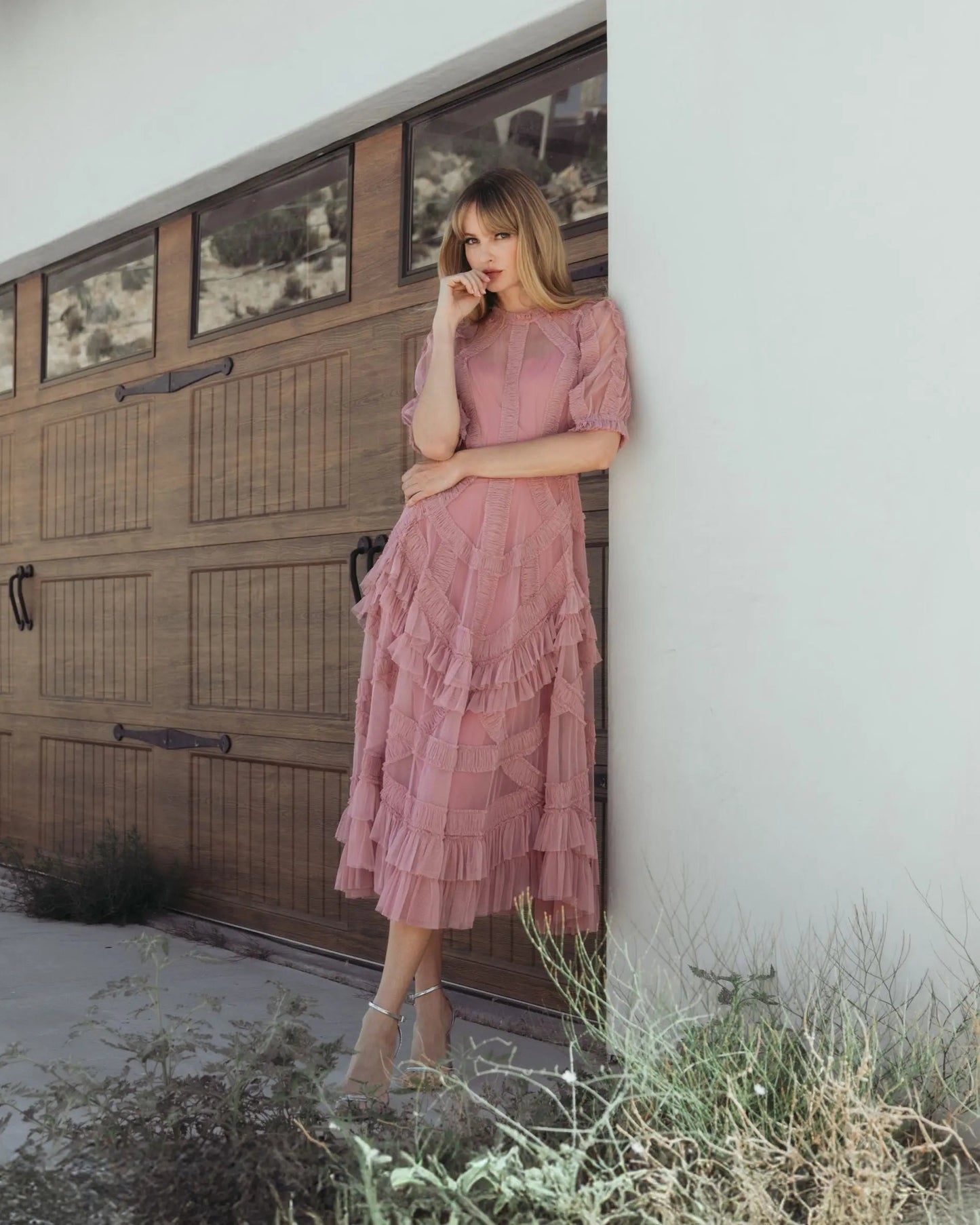 Pink High Neck Ruffle Tiered A-Line Midi Dress