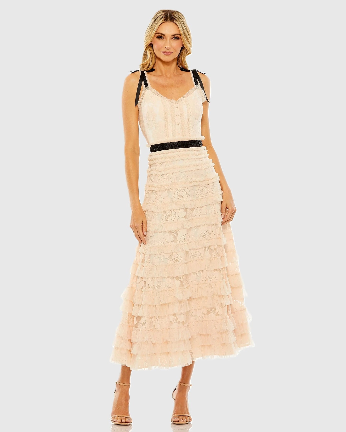 Pink Lace Tiered Midi Dress with Bow Straps