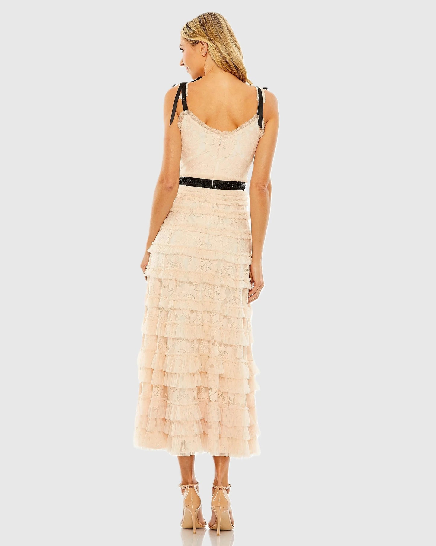 Pink Lace Tiered Midi Dress with Bow Straps