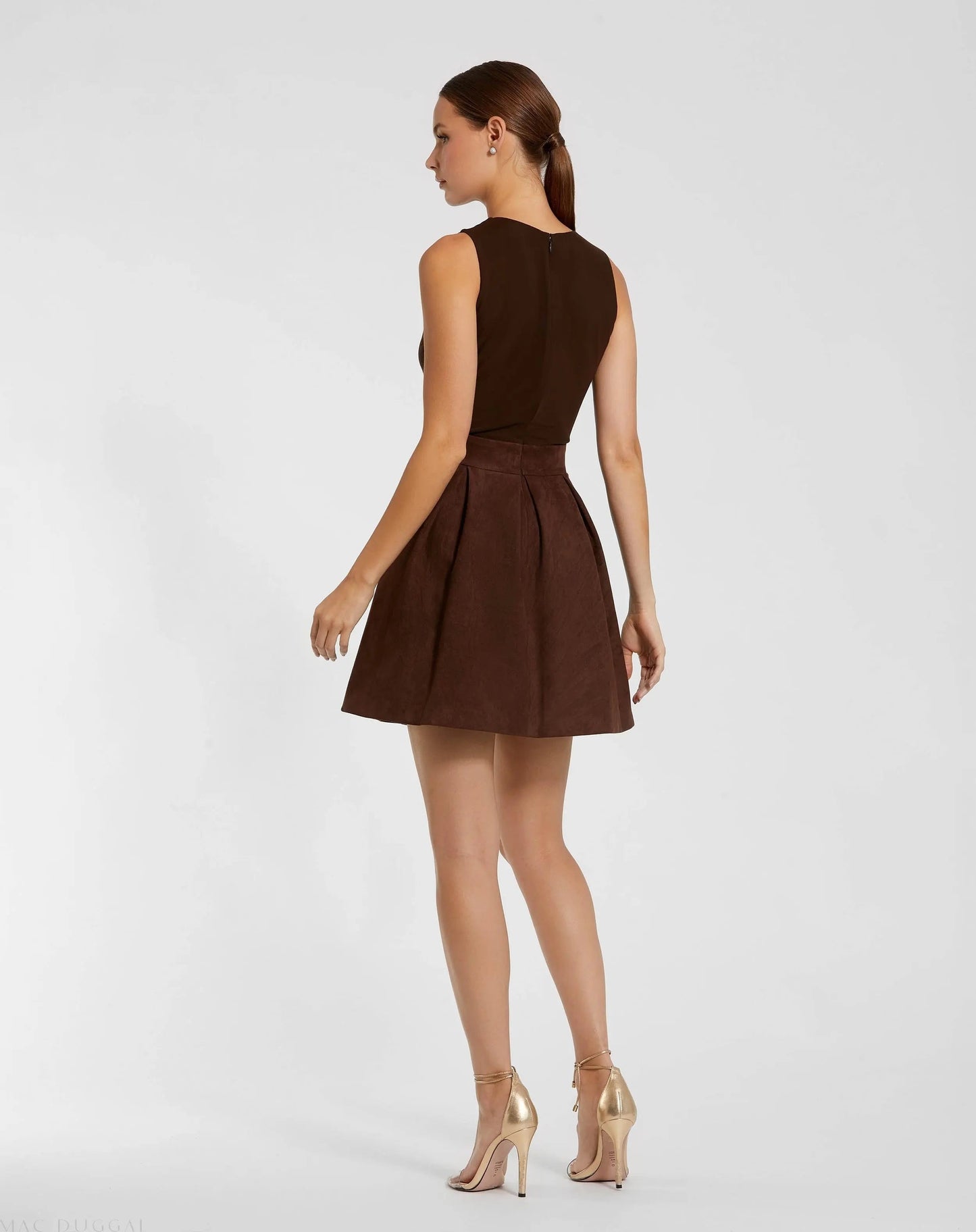 Brown Sleeveless Mesh And Suede A Line Mini Dress