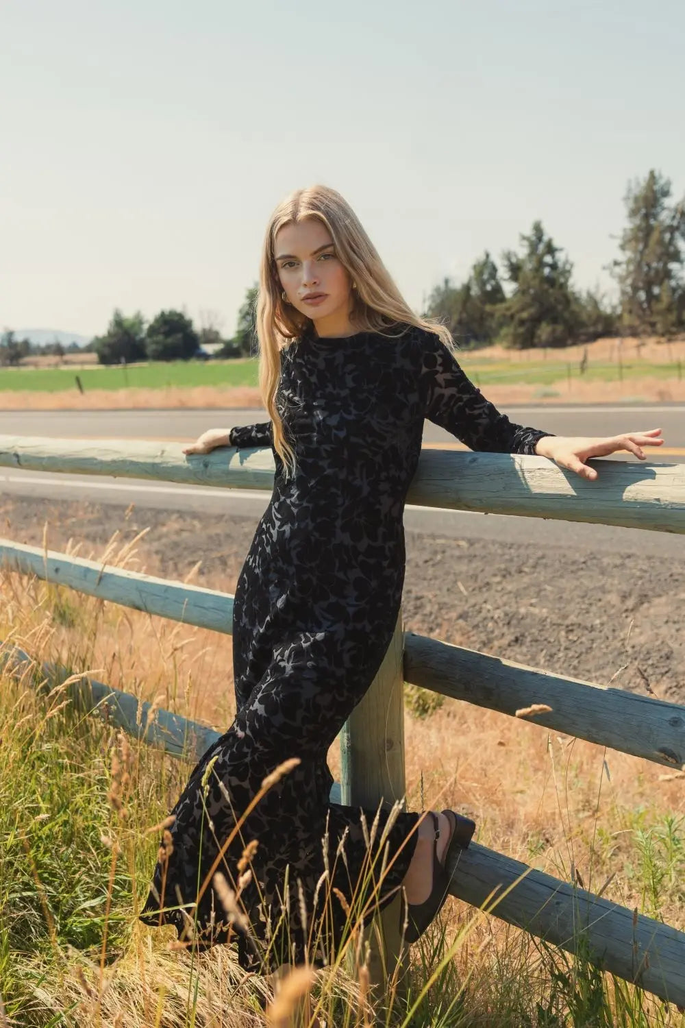 Black Burnout Velvet Long Sleeve Midi Dress