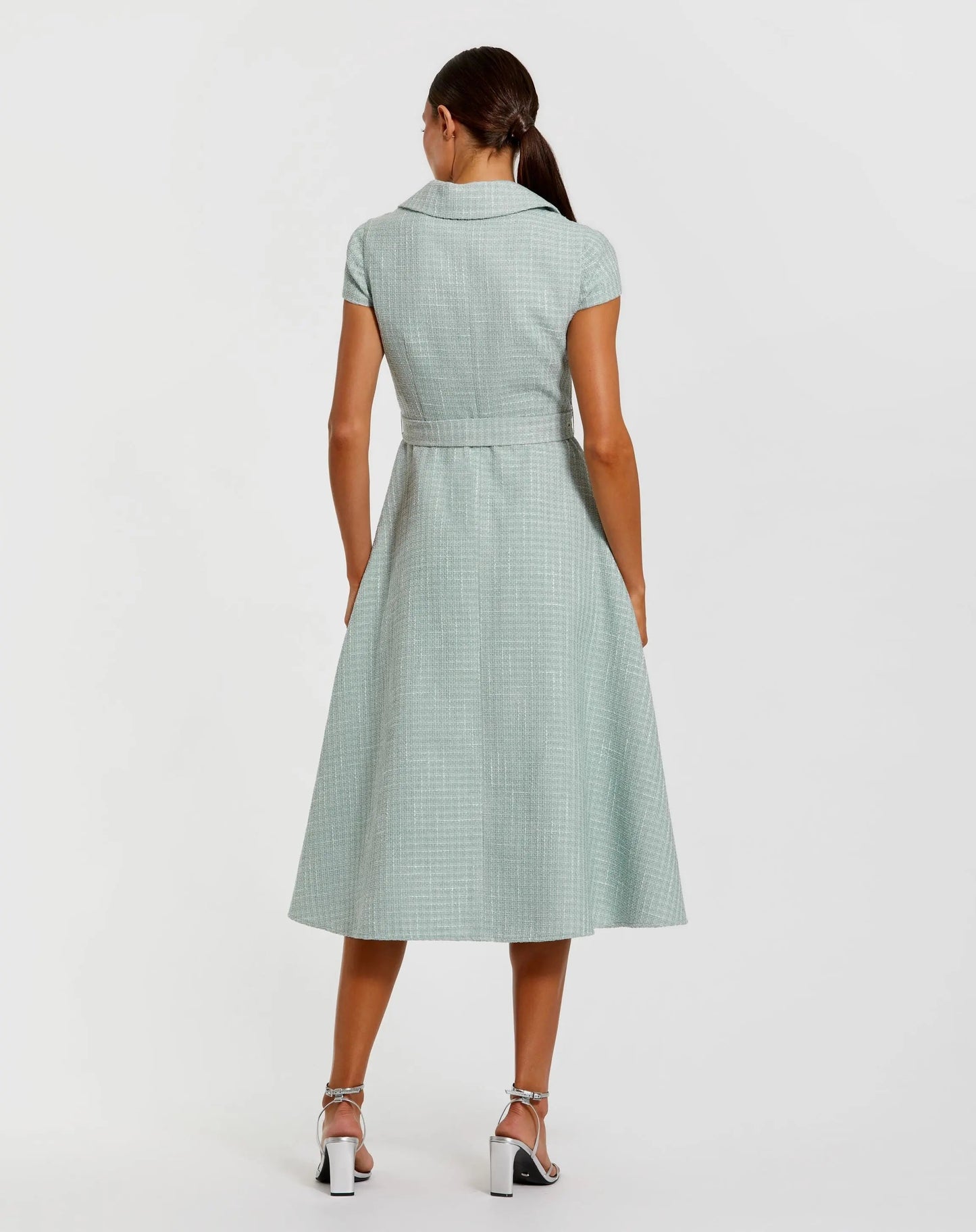 Light Blue Boucle Cap Sleeve Button Up Midi Dress