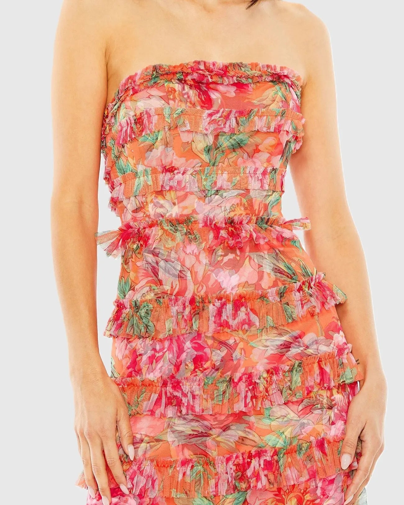 Multicolor Strapless Floral Micro Ruffle Dress