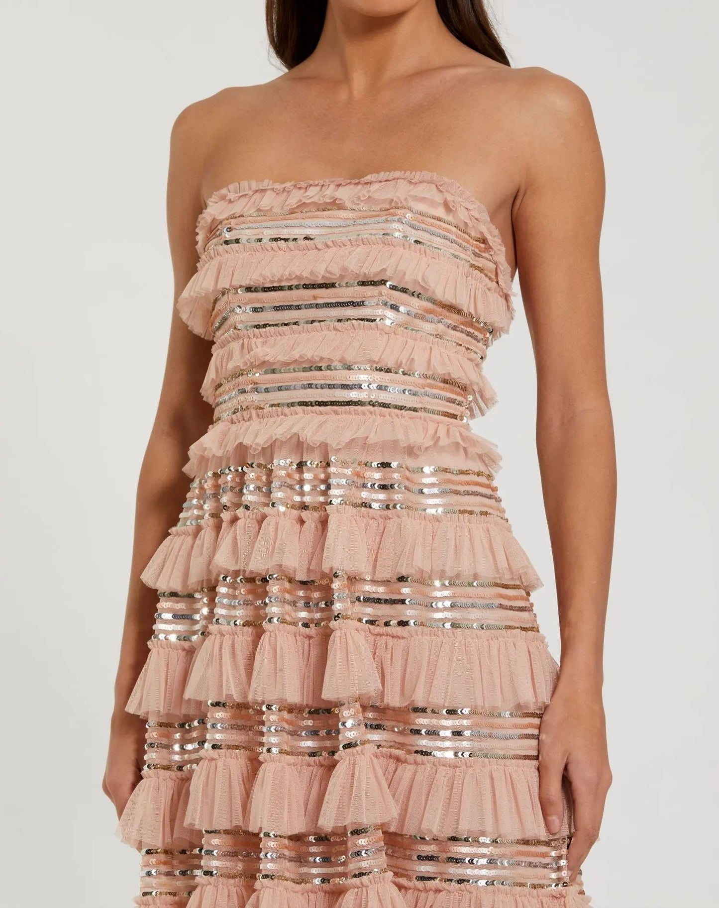 Pink Strapless Sequin Micro Ruffle Maxi Dress