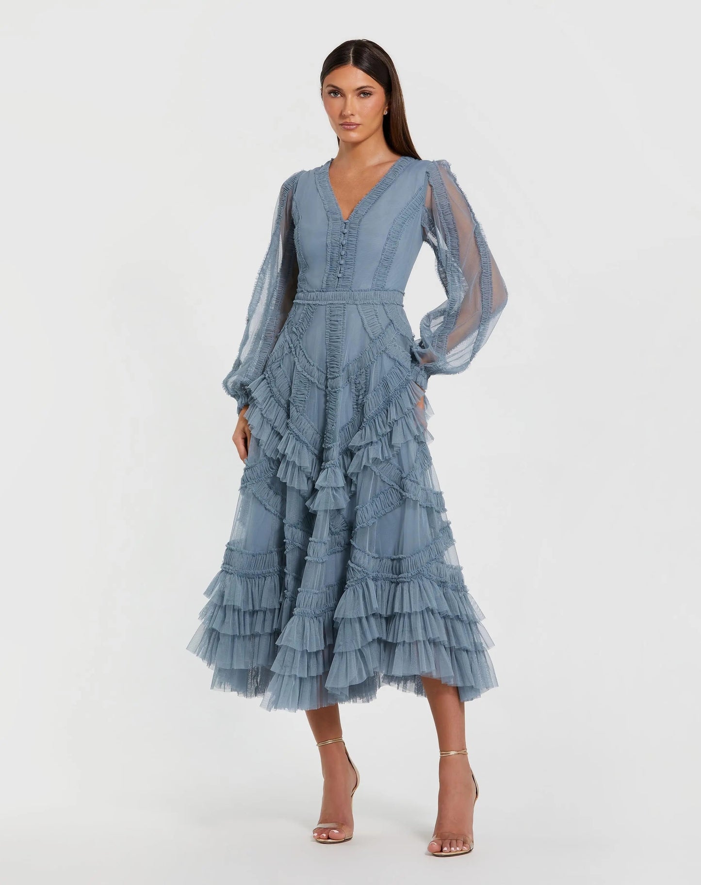 Blue Long Sleeve V-Neck Micro Ruffle Midi Dress