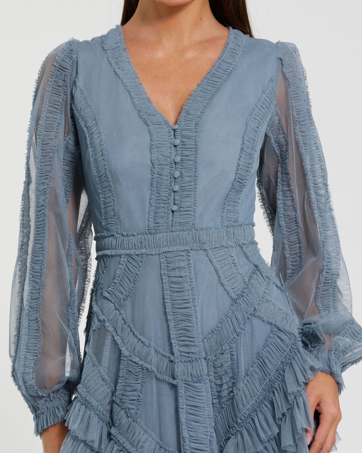 Blue Long Sleeve V-Neck Micro Ruffle Midi Dress