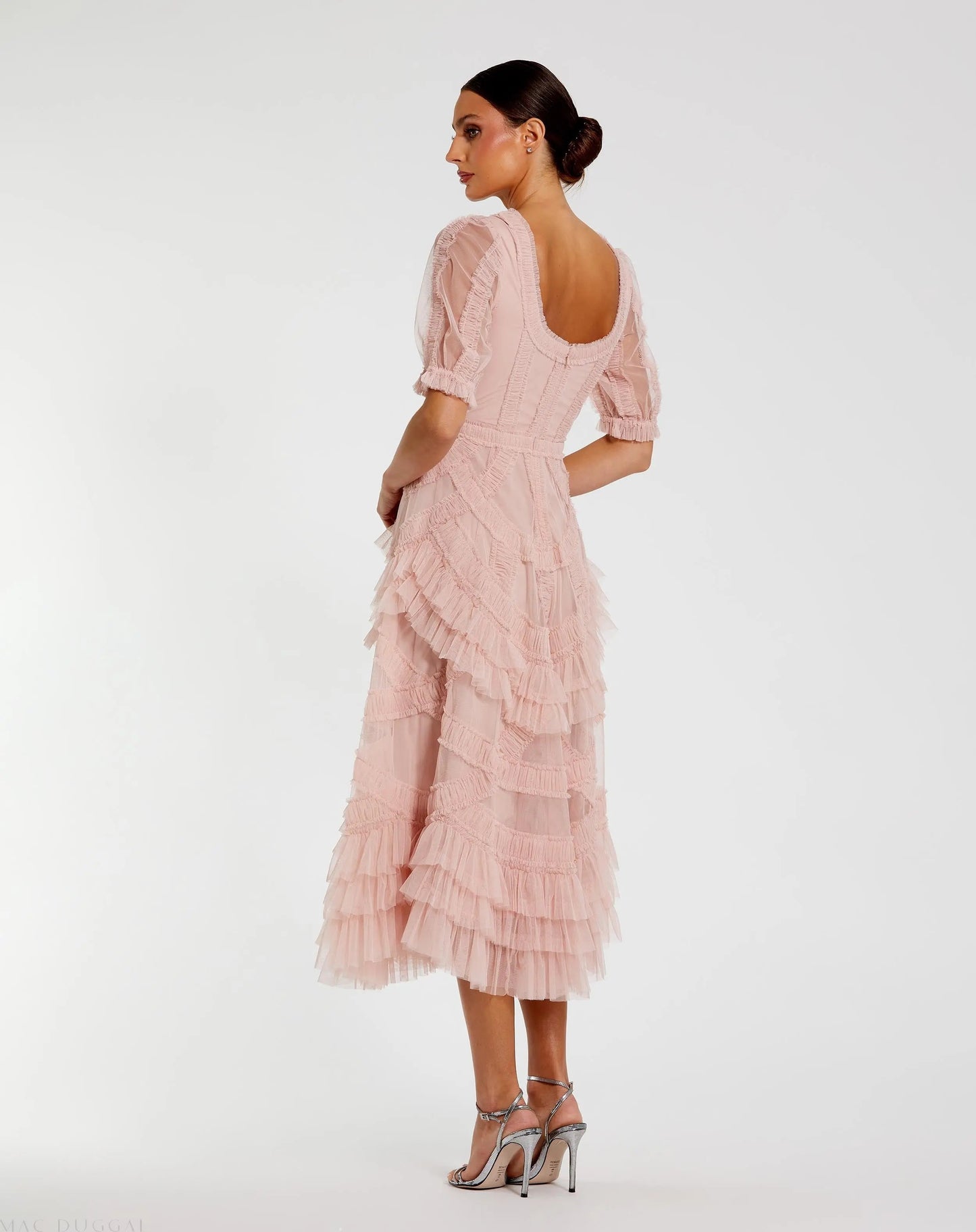 Pink Short Sleeve Micro Ruffle Midi Dress