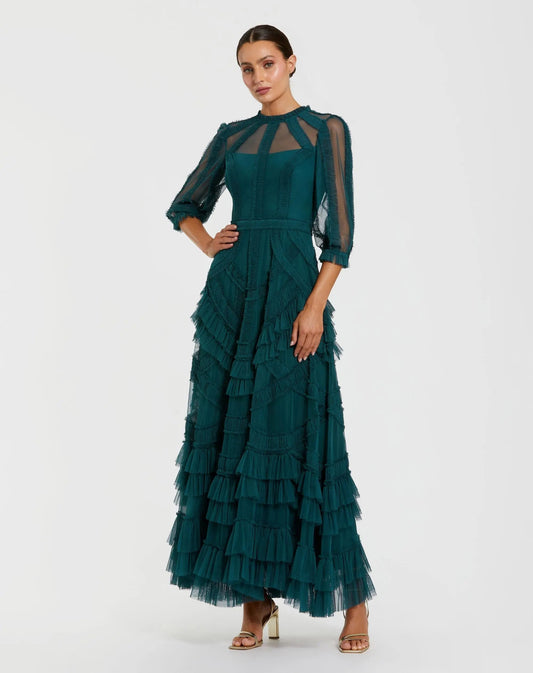 Teal High Neck Micro Ruffle Dress with 3/4 Puff Sleeves