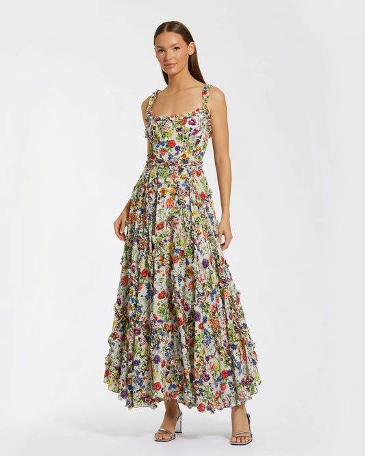 Multicolor Ruffle Scoop Neck Floral A-Line Dress