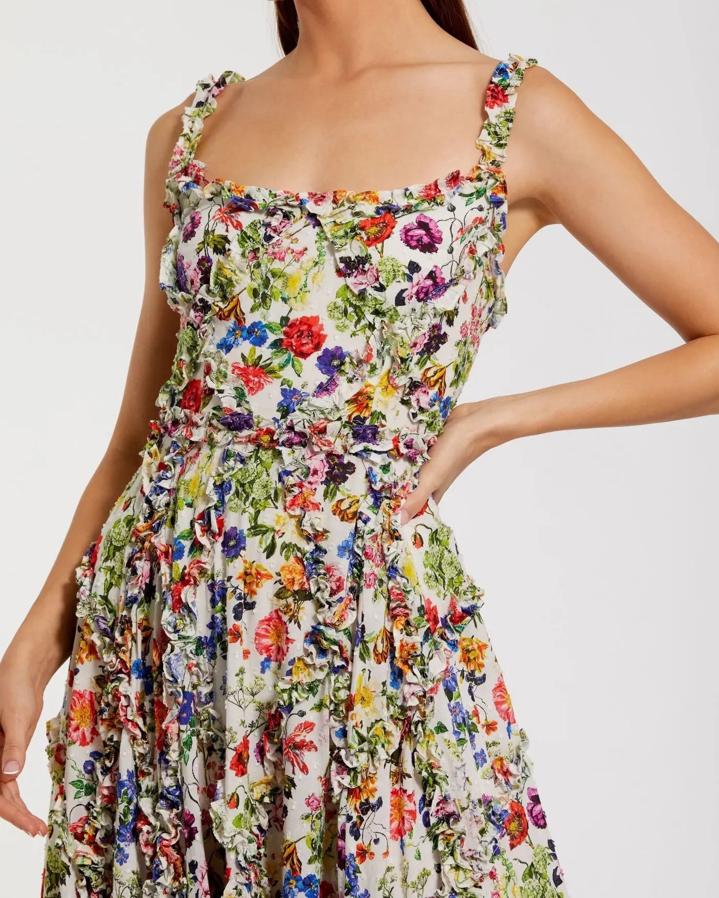 Multicolor Ruffle Scoop Neck Floral A-Line Dress
