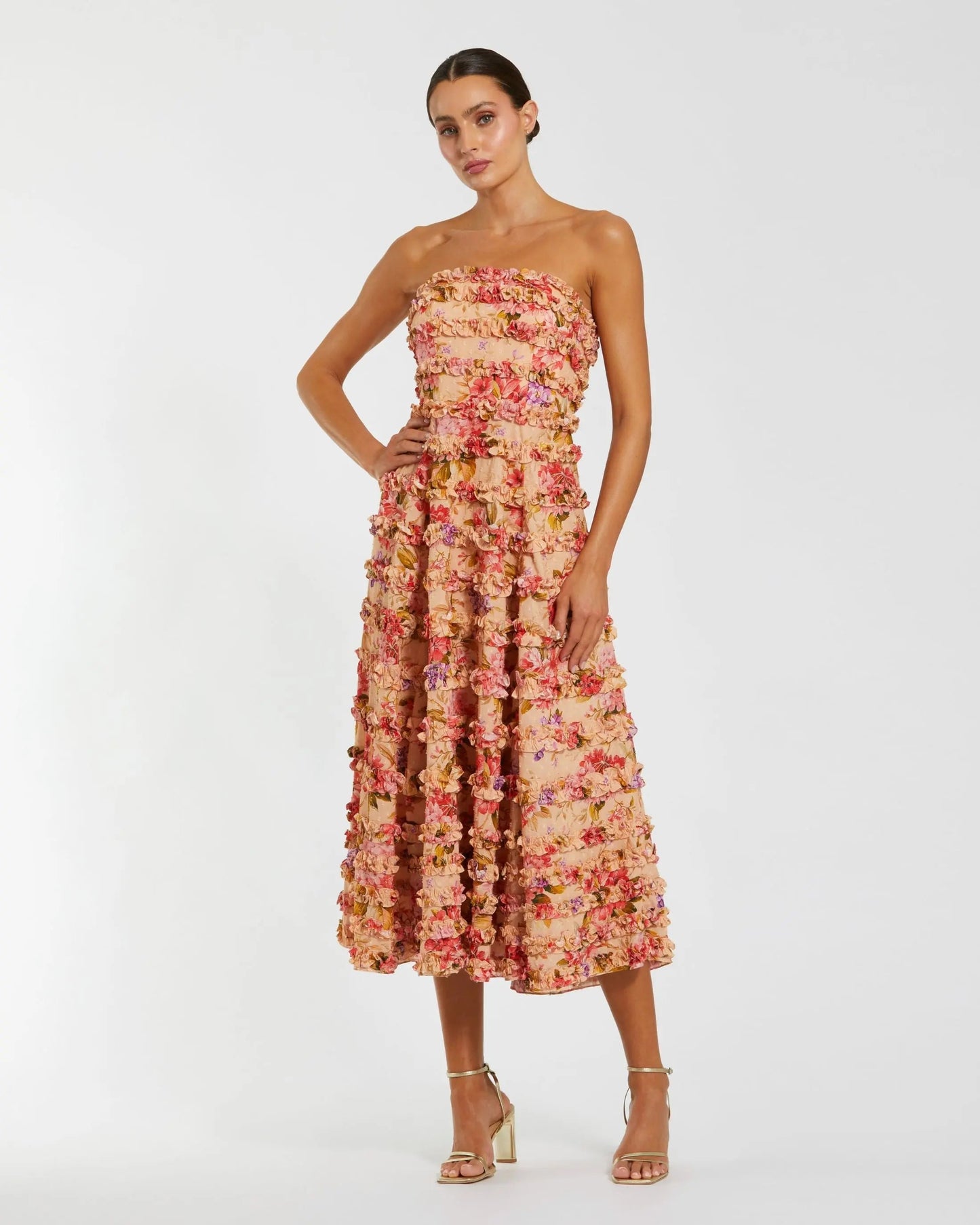 Pink Floral Strapless Ruffle Midi Dress
