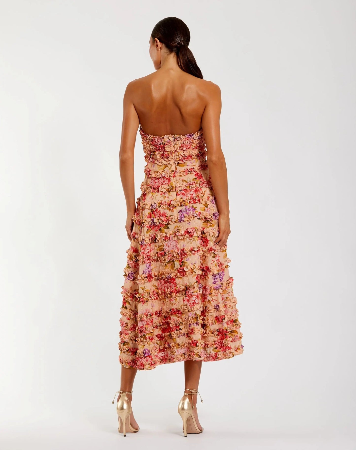 Pink Floral Strapless Ruffle Midi Dress
