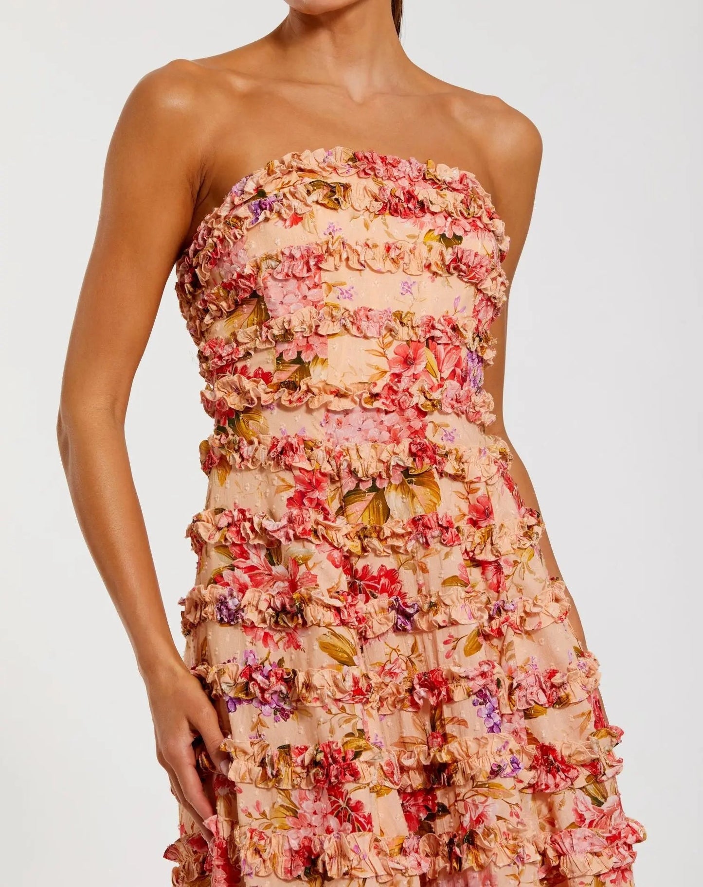 Pink Floral Strapless Ruffle Midi Dress