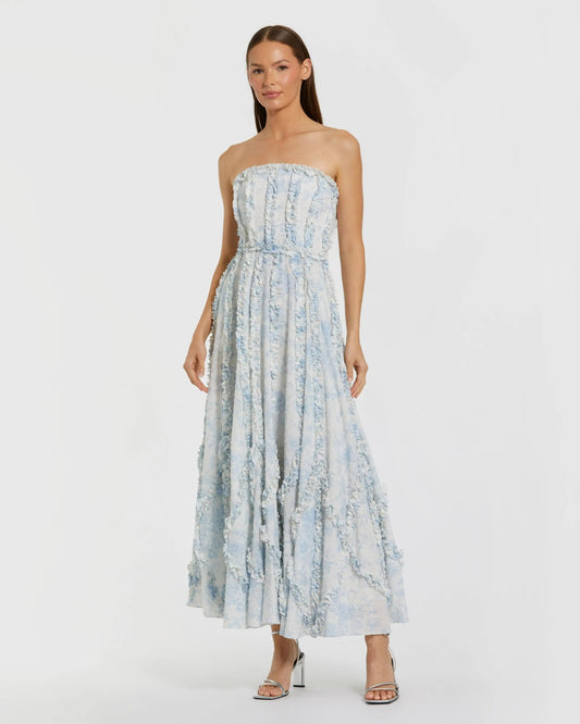 Blue and White Strapless Ruffle Floral Cotton Midi Dress