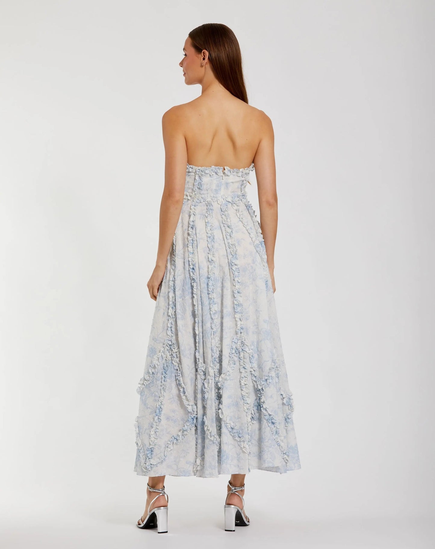 Blue and White Strapless Ruffle Floral Cotton Midi Dress