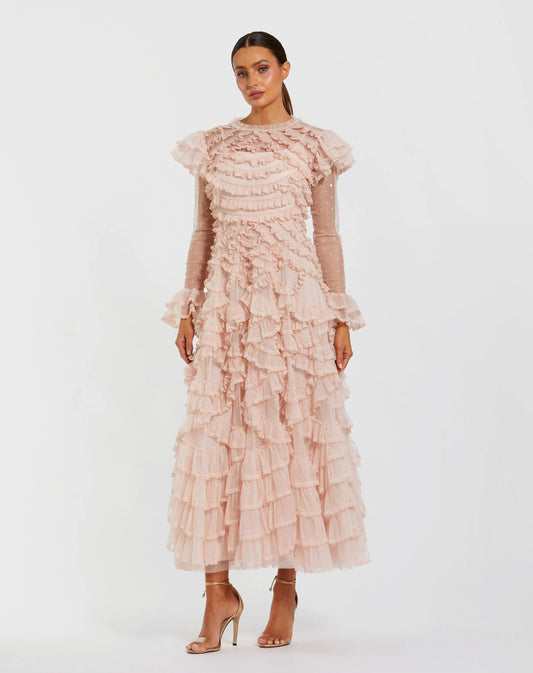 Pink Tiered Ruffle Trim Long Sleeve Midi Dress