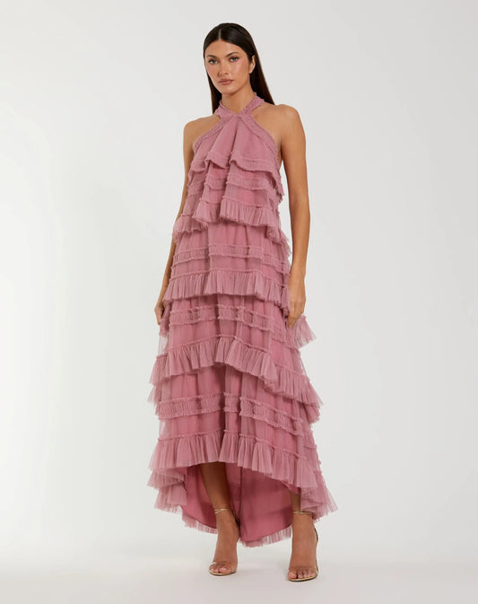 Pink Tiered Ruffle Halter Neck Midi Dress