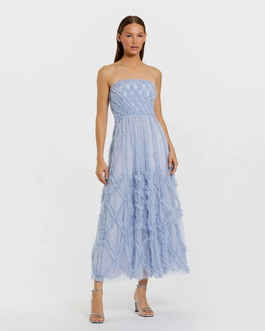 Blue Mesh Ruffle Strapless A-Line Midi Dress