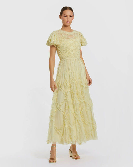 Yellow A-line Micro Ruffle Midi Dress
