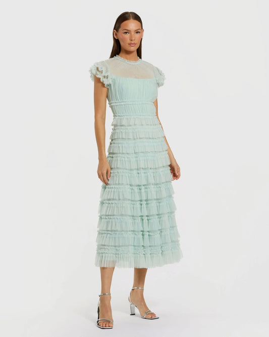 Green Ruffle High Neck Cap Sleeve Midi Dress