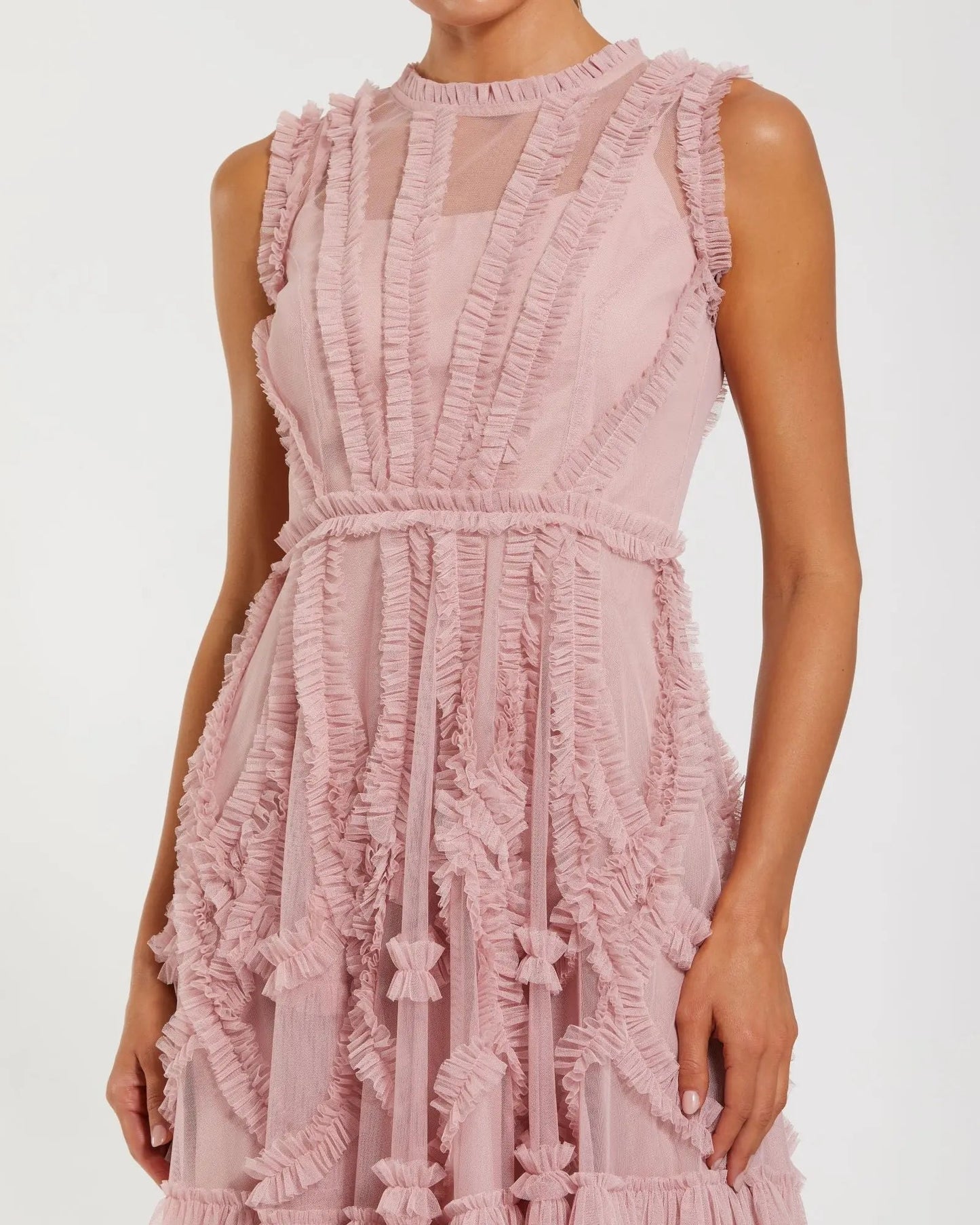 Pink High Neck Sleeveless Micro Ruffle Mini Dress