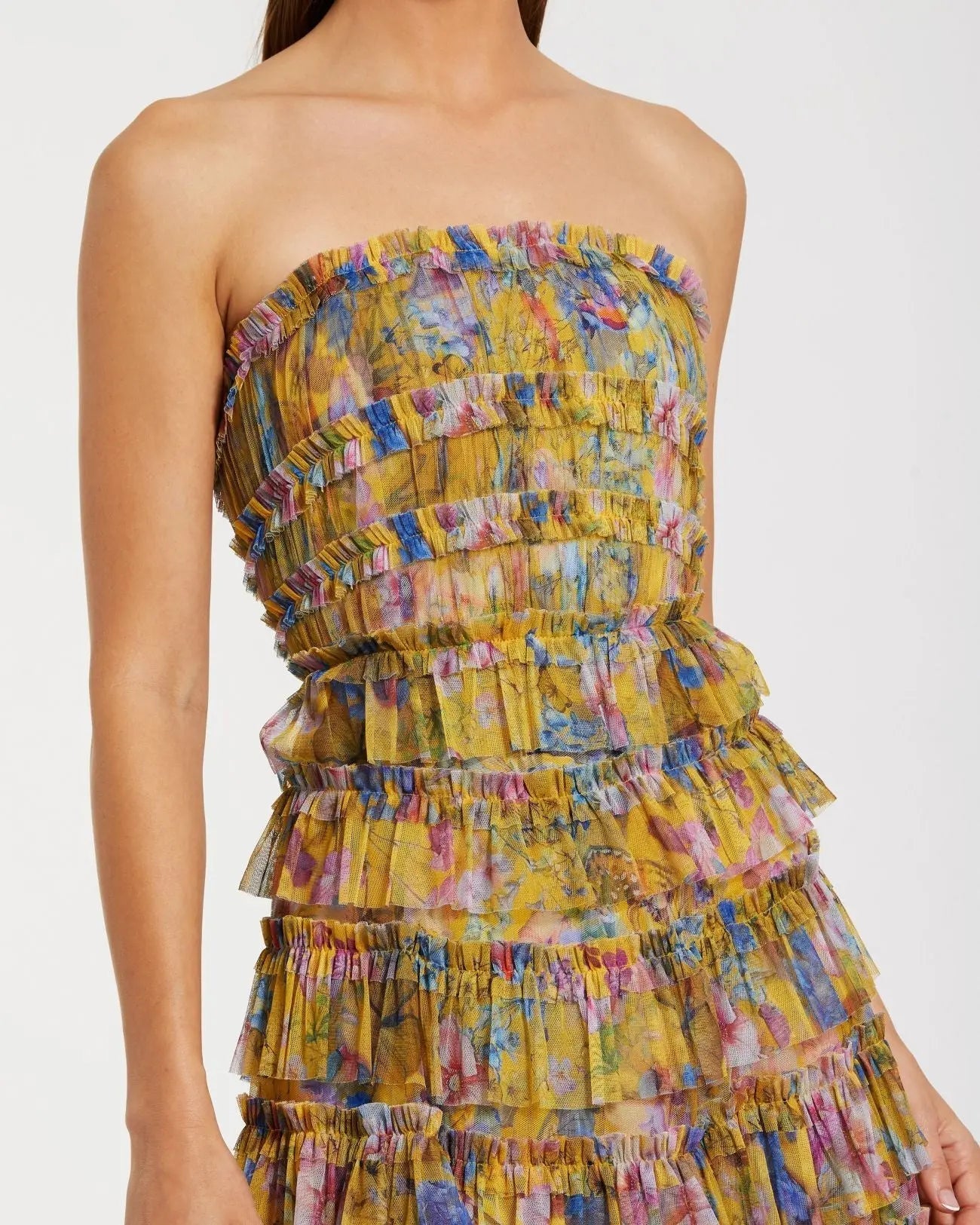 Yellow Floral Strapless Ruffle Maxi Dress