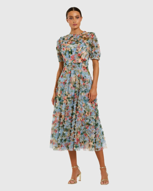 Blue Floral Mesh Ruffle High Neck Midi Dress