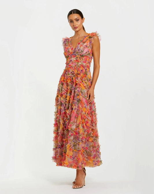 Multicolor Floral V-neck Ruffle Maxi Dress