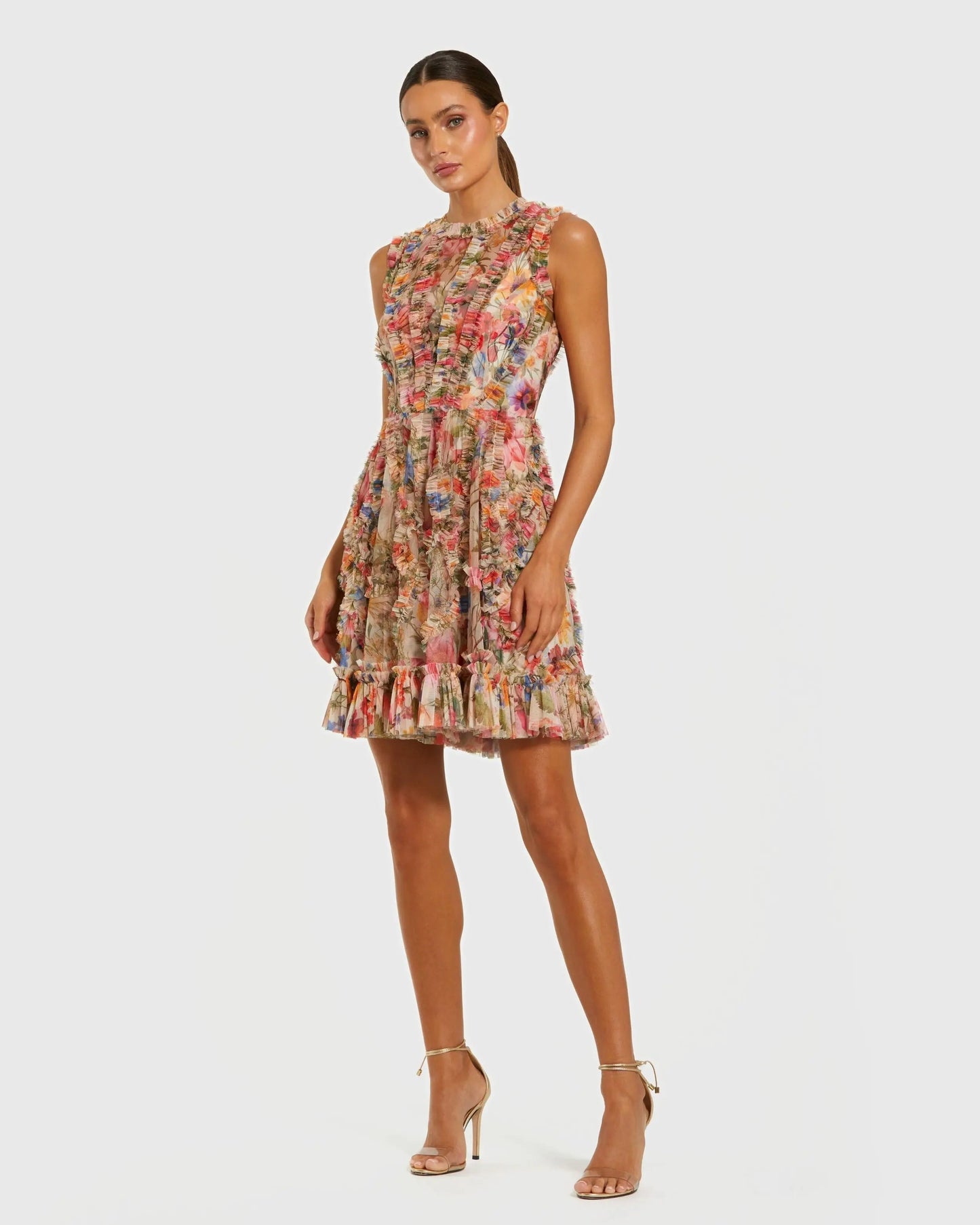 Multicolor Micro Ruffle Floral A-Line Mini Dress