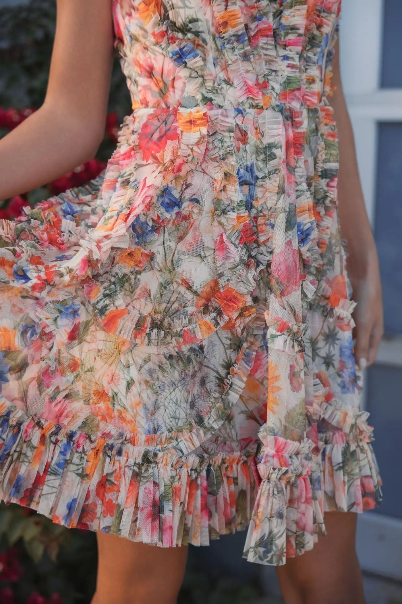 Multicolor Micro Ruffle Floral A-Line Mini Dress