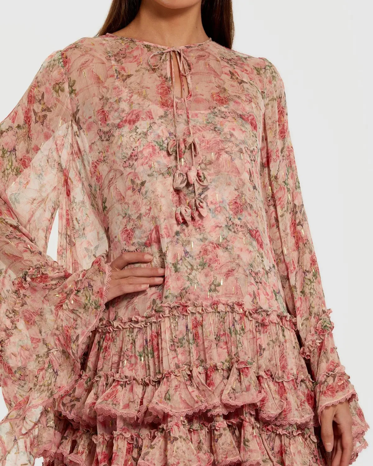 Pink Floral Long Sleeve Ruffle Mini Dress