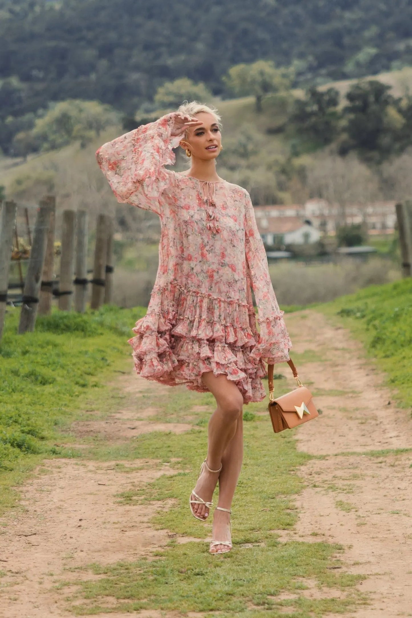 Pink Floral Long Sleeve Ruffle Mini Dress
