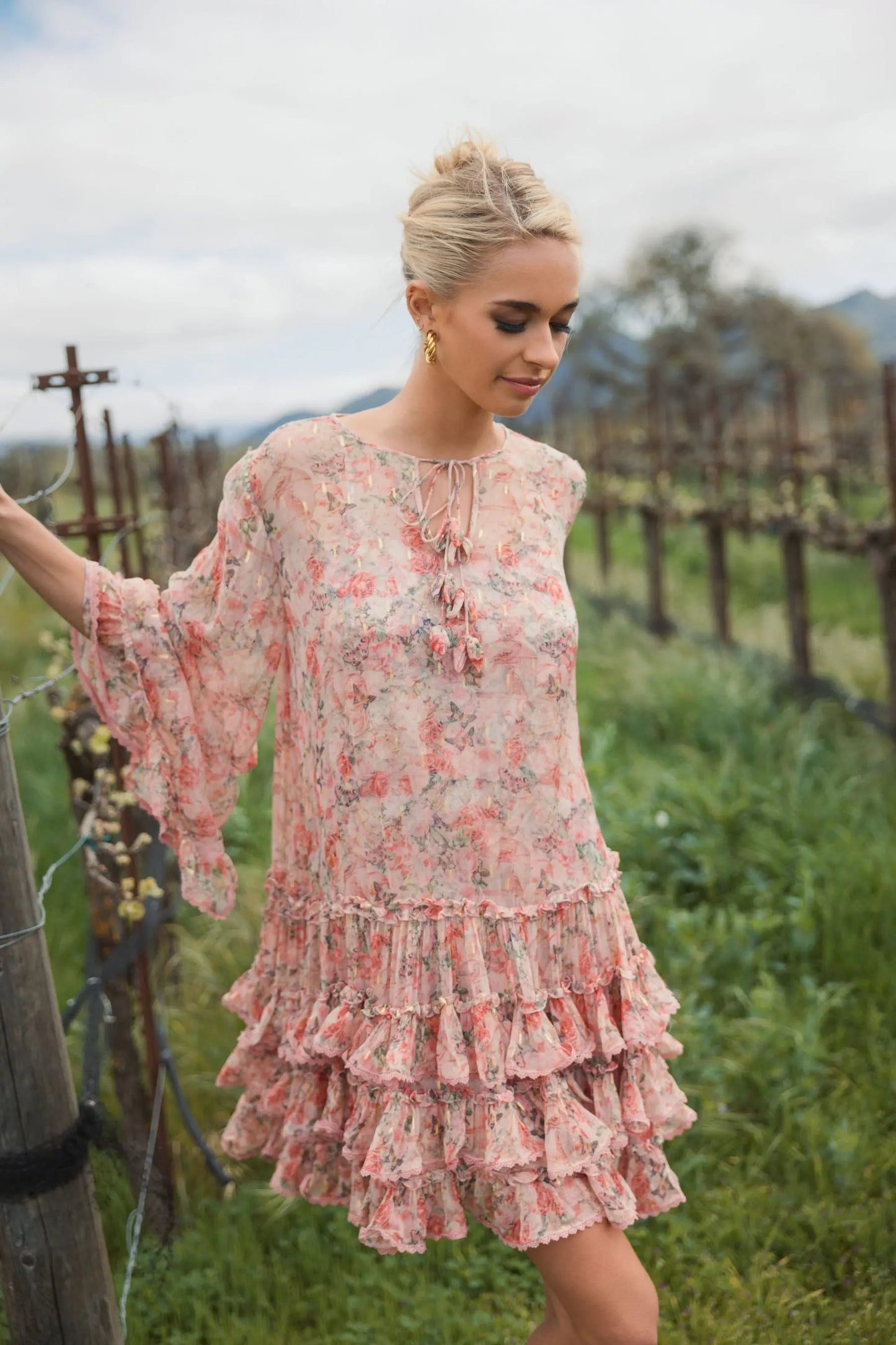 Pink Floral Long Sleeve Ruffle Mini Dress