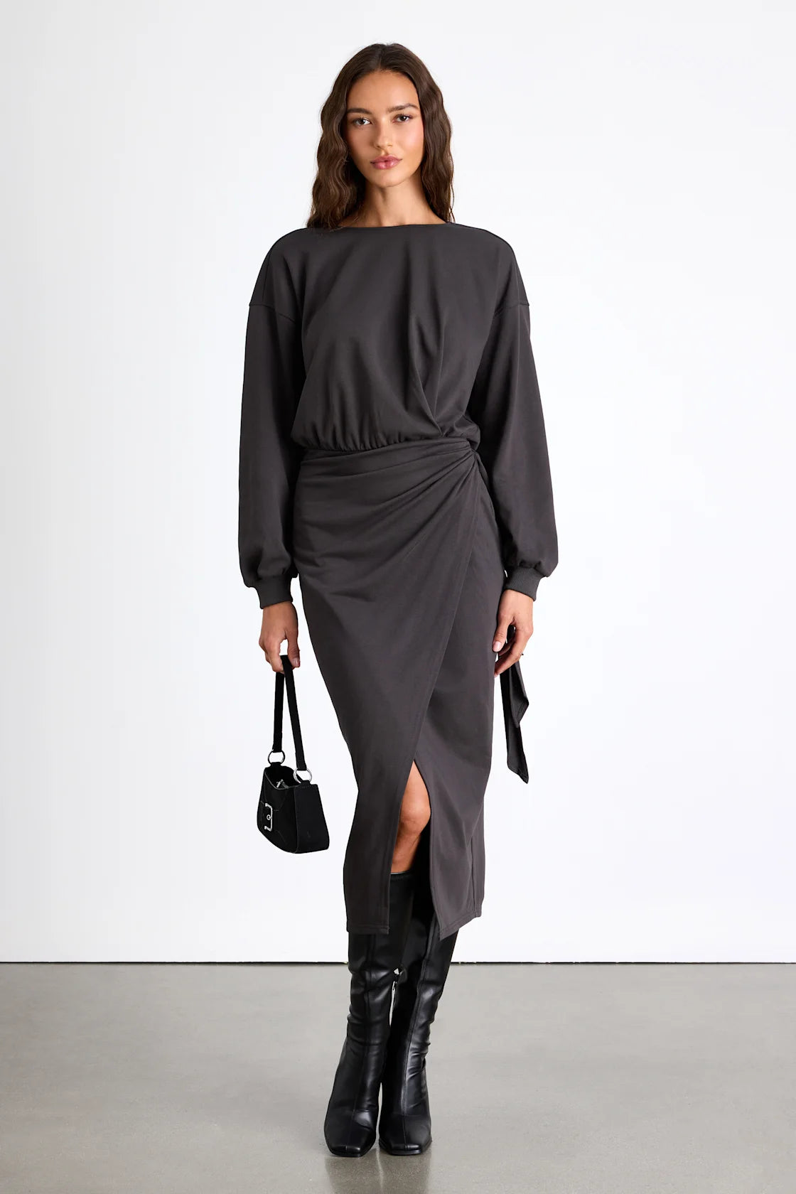 Eunia Charcoal Grey Jersey Knit Long Sleeve Wrap Midi Dress