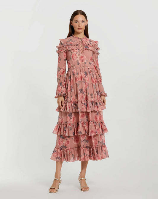 Pink Long Sleeve Lace Up Front Tiered Ruffle Dress