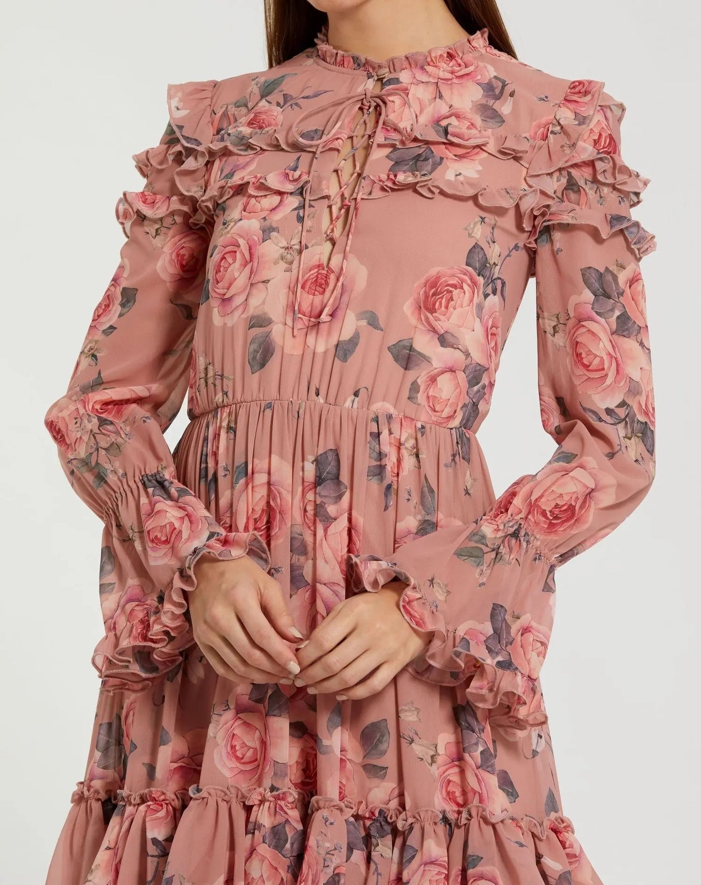 Pink Long Sleeve Lace Up Front Tiered Ruffle Dress