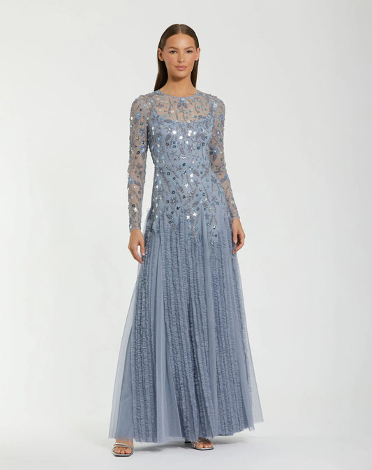 Blue Embellished Long Sleeve Drop Waist Gown