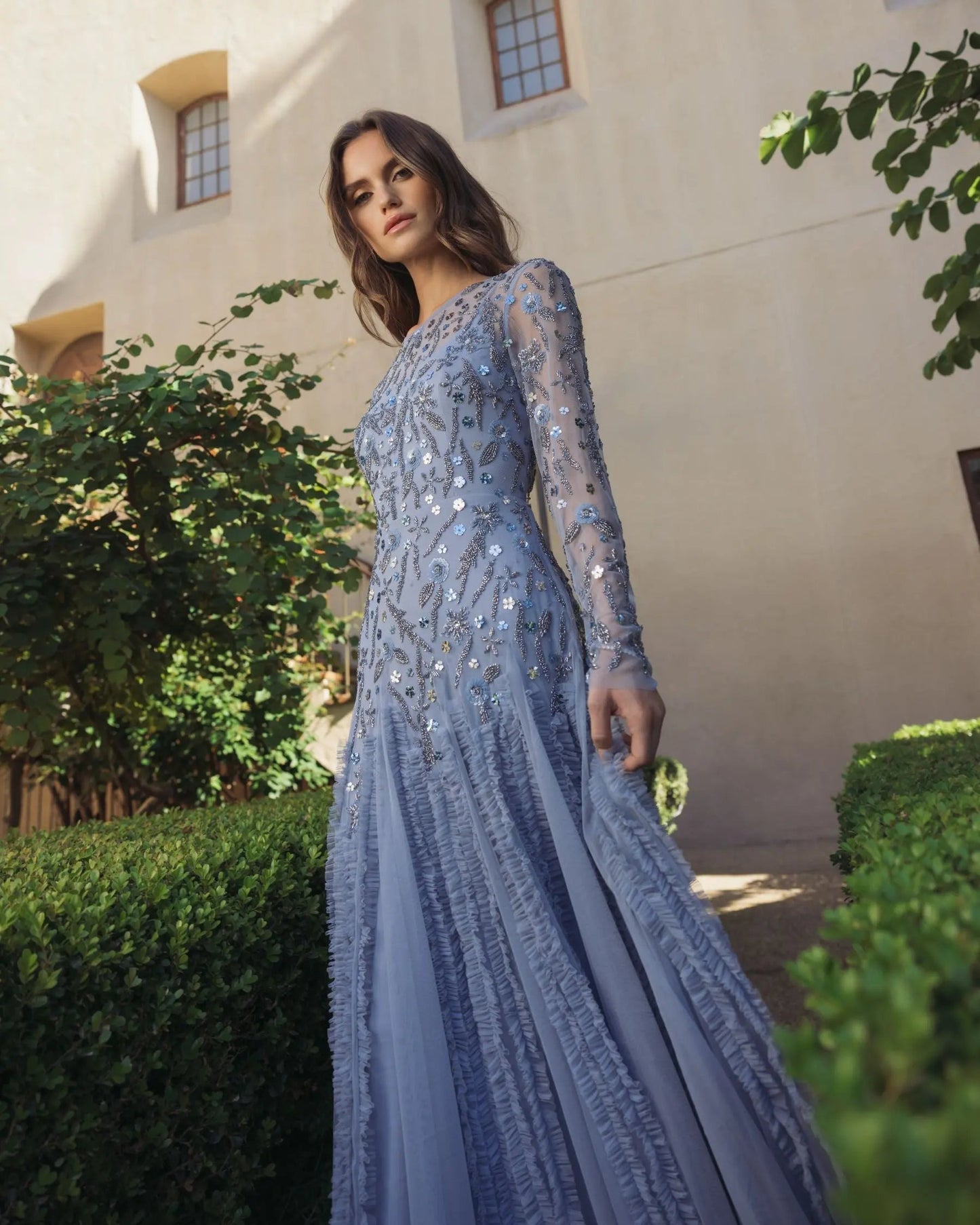 Blue Embellished Long Sleeve Drop Waist Gown